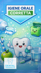 Rappresentazione di un dente, dentifricio, spazzolino, filo interdentale per una corretta igiene orale