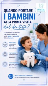 Locandina che rappresenta la prima visita per dei bambini dal dentista