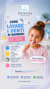 Locandina poster di come lavare i denti ai bambini, con bambina che si lava i denti