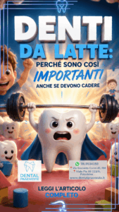 Poster con dente muscoloso che solleva pesa per l'articolo: Denti da latte: perché sono così importanti anche se devono cadere