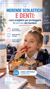 Immagine di una bambina in età colare che mangia una mela a scuola per la promozione dell'articolo: Merende scolastiche e denti: cosa scegliere per proteggere il sorriso dei bambini