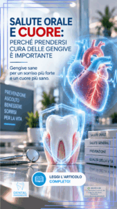 Locandina per promuovere l'articolo Salute orale e cuore: perché prendersi cura delle gengive è importante, dove si vede un dente ed un cuore con uno scudo, grafica futuristica e hi tech per lo studio dentistico dental praeneste di palestrina