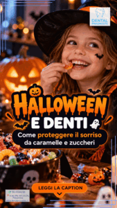 una bambina che sorride vestita da strega per la festività di halloween per l'articolo denti e bambini per lo studio dentistico dental praeneste a palestrina